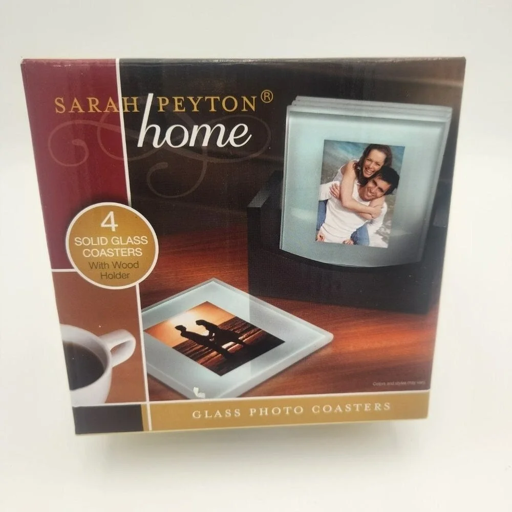 Set of 4 Frosted Glass Photo‎ Coasters with Wood Stand by Sarah Peyton Home